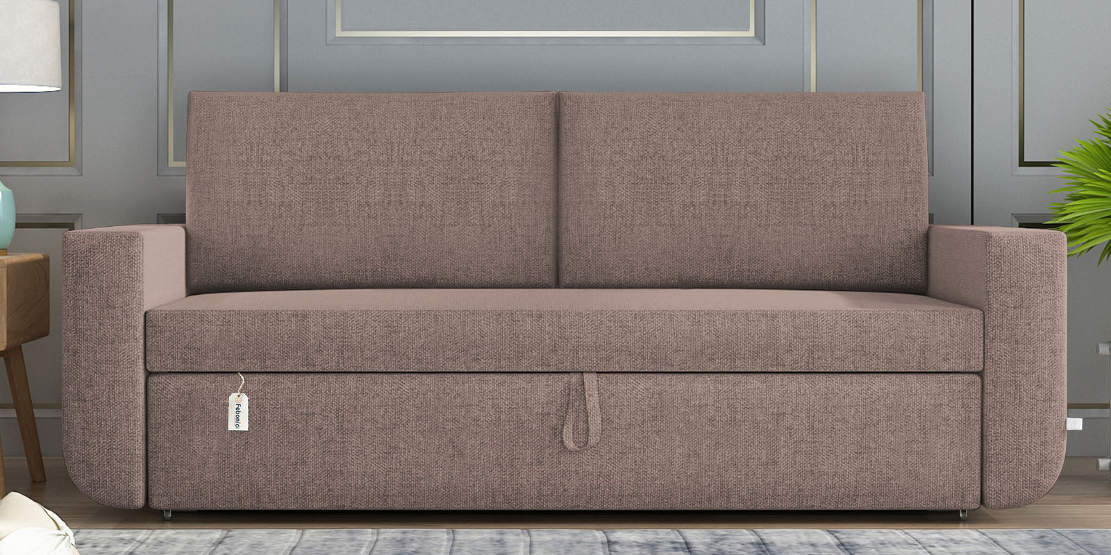Grace Fabric 3 Seater Pull Out Sofa Cum Bed In Kadhi Beige Colour With Storage - Febonic Living