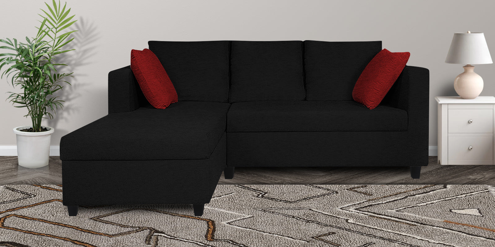 Nebula Fabric RHS Sectional Sofa (2+Lounger) In Zed Black Colour - Febonic Living