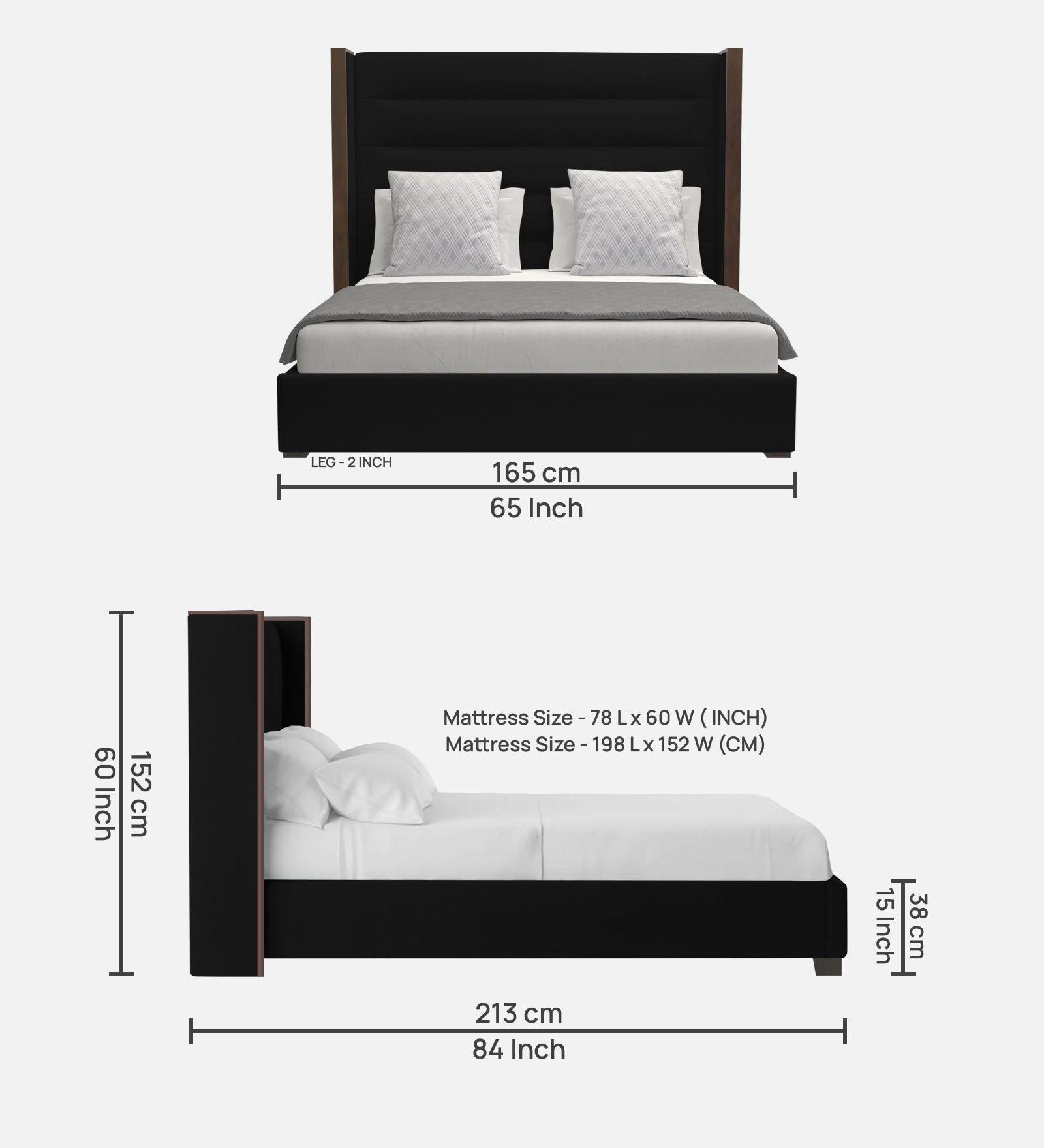 Sunny Fabric Queen Size Bed In Zed Black Colour - Febonic Living