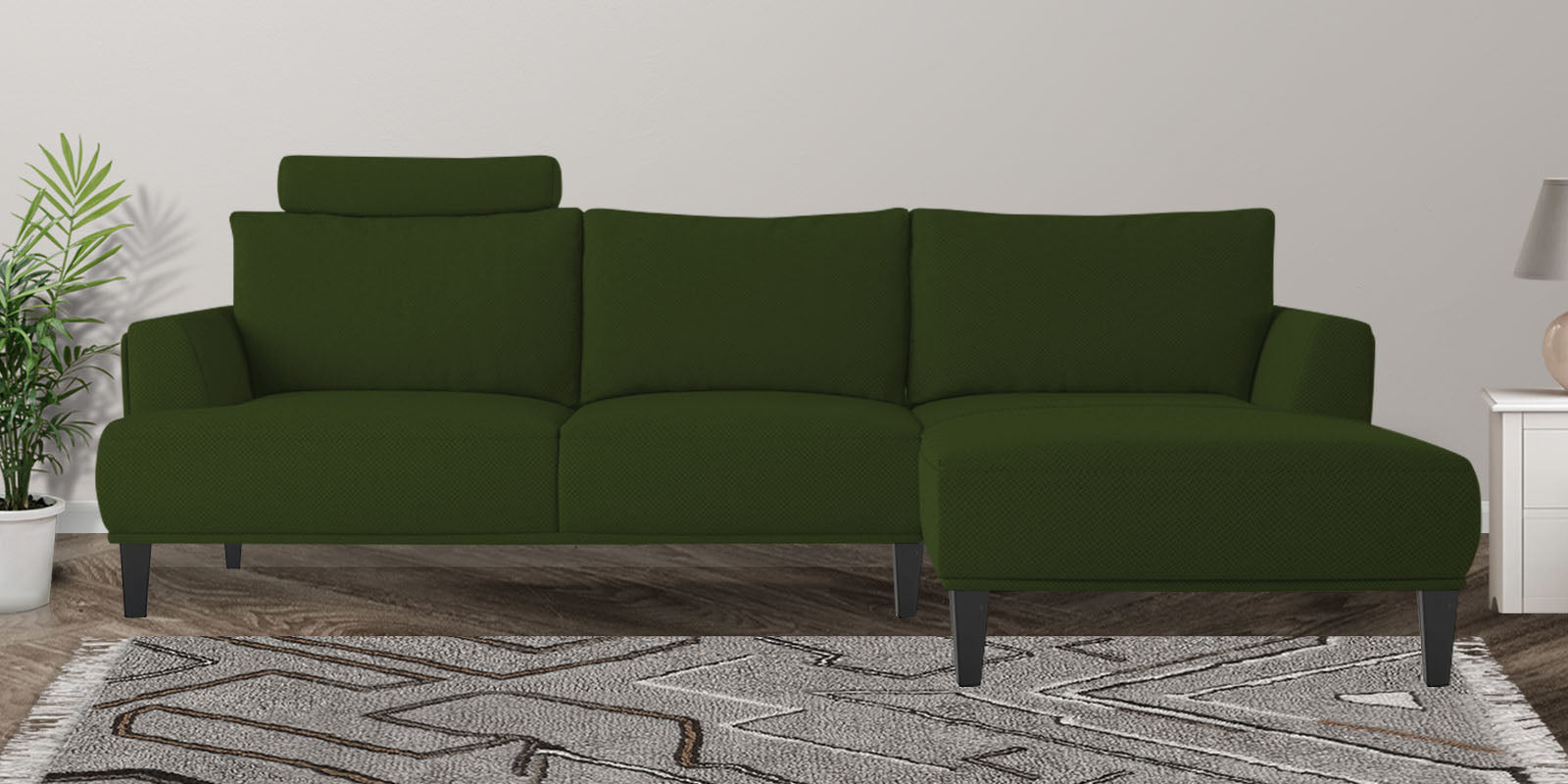 Como Fabric LHS Sectional Sofa (3+Lounger) In Olive Green Colour - Febonic Living