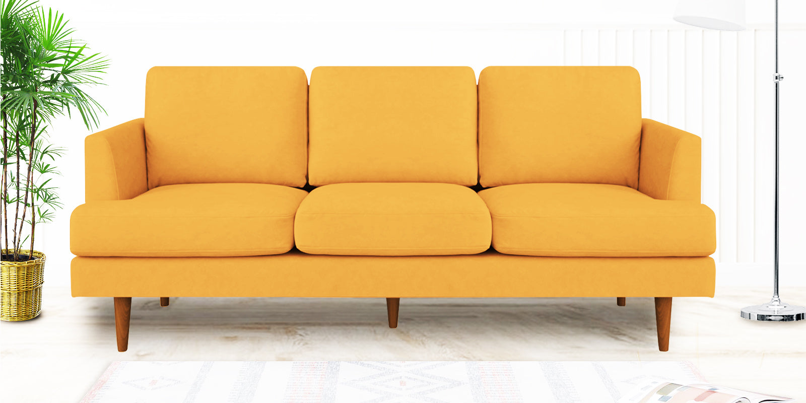 Motra Velvet 3 Seater Sofa In Turmeric yellow Colour - Febonic Living