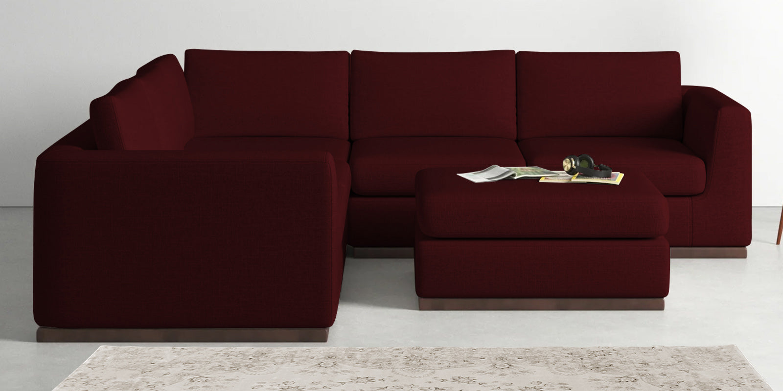 Freedom Velvet 6 Seater LHS Corner Sofa In Blood Maroon Colour With Ottoman - Febonic Living