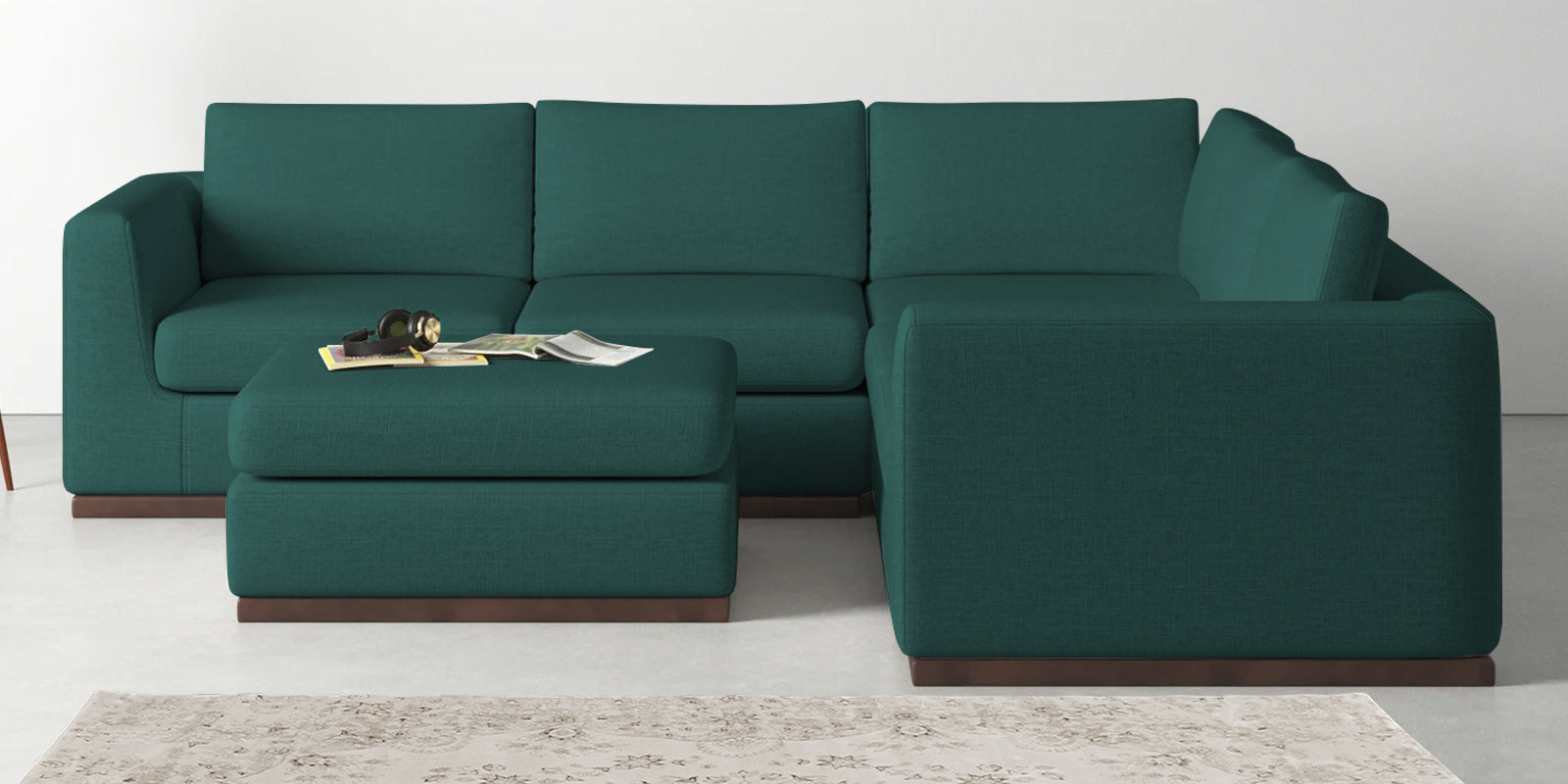 Freedom Velvet 6 Seater RHS Corner Sofa In Pine Green Colour With Ottoman - Febonic Living