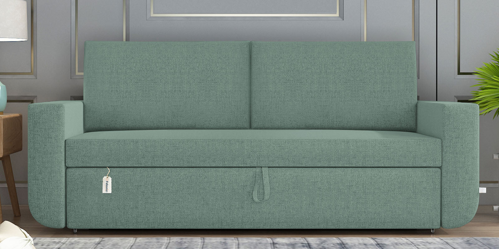 Grace Fabric 3 Seater Pull Out Sofa Cum Bed In Suka Blue Colour With Storage - Febonic Living