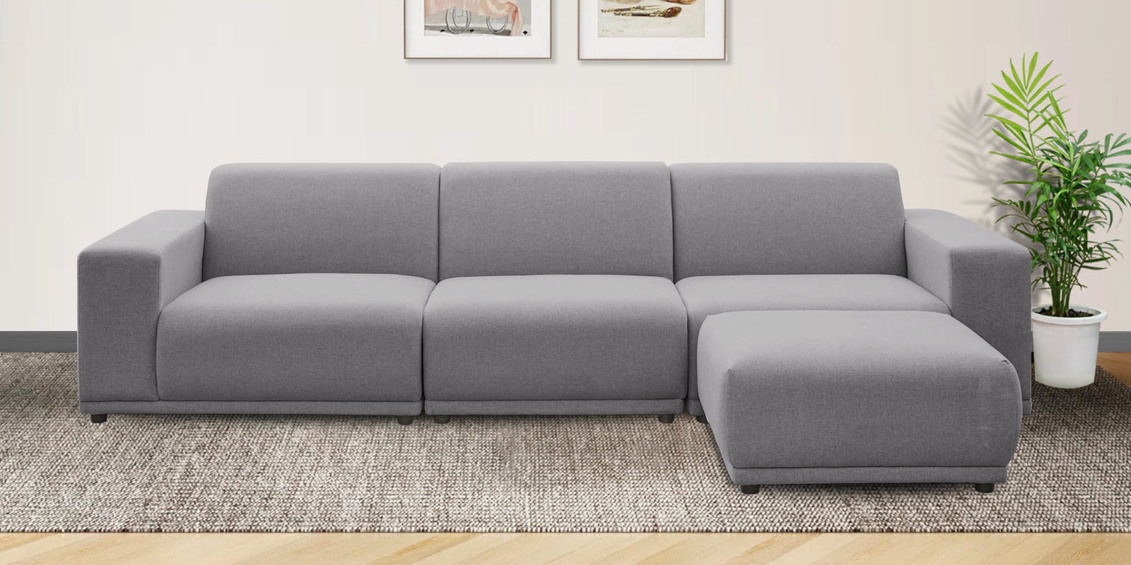 Adam Fabric RHS Sectional Sofa (3+Ottoman Lounger) In Lit Grey Colour - Febonic Living