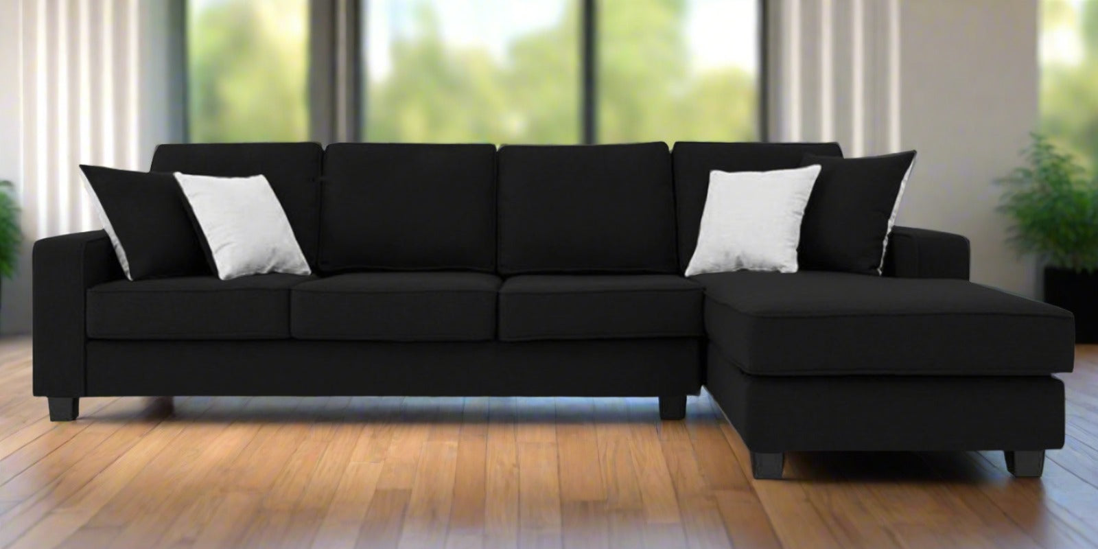 Ladybug Fabric LHS Sectional Sofa (3+Lounger) In Zed Black Colour - Febonic Living