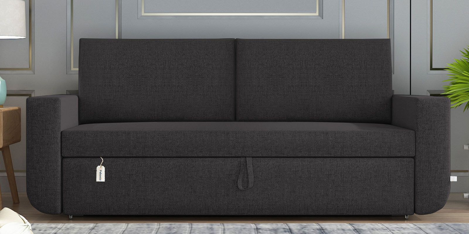 Grace Fabric 3 Seater Pull Out Sofa Cum Bed In Maba Grey Colour With Storage - Febonic Living