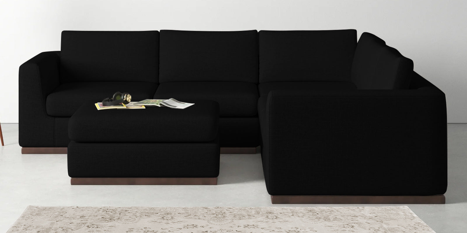 Freedom Velvet 6 Seater RHS Corner Sofa In Adam Black Colour With Ottoman - Febonic Living