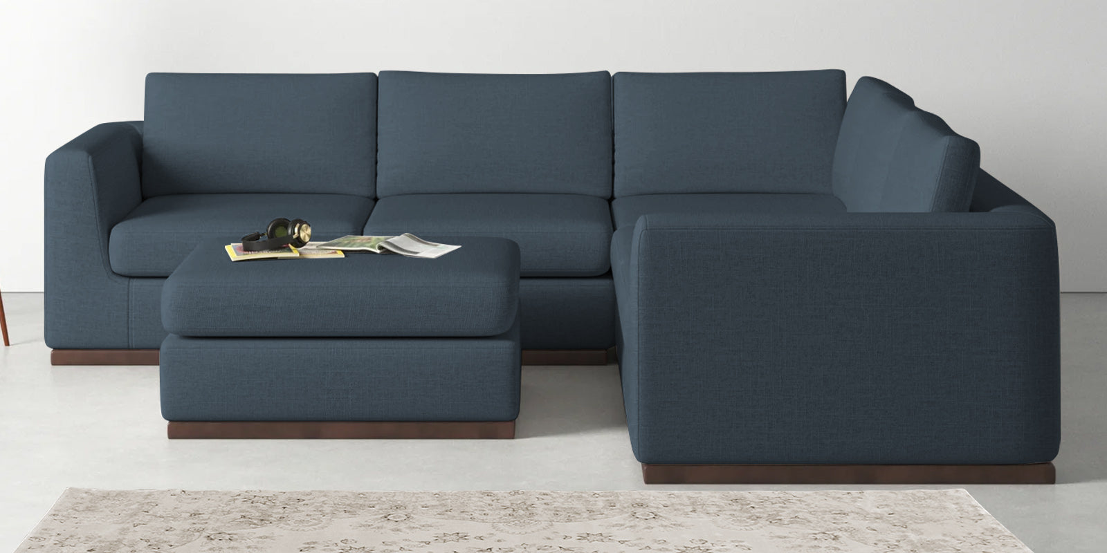 Freedom Velvet 6 Seater RHS Corner Sofa In Oxford Blue Colour With Ottoman - Febonic Living