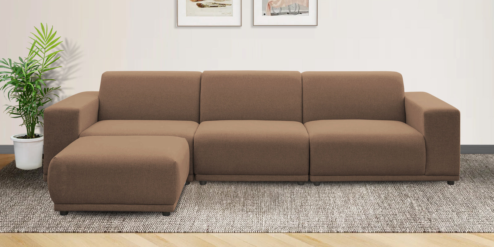 Adam Fabric LHS Sectional Sofa (3+Ottoman Lounger) In Cookie Beige Colour - Febonic Living