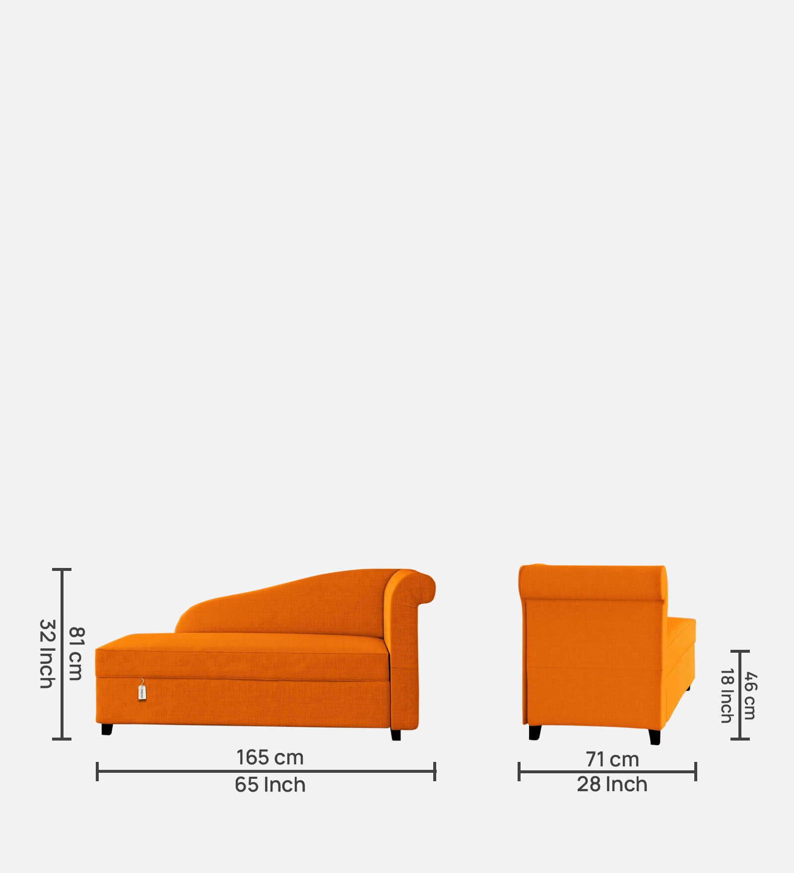 Toppy Fabric LHS Chaise Lounger In Vivid Orange Colour With Storage - Febonic Living