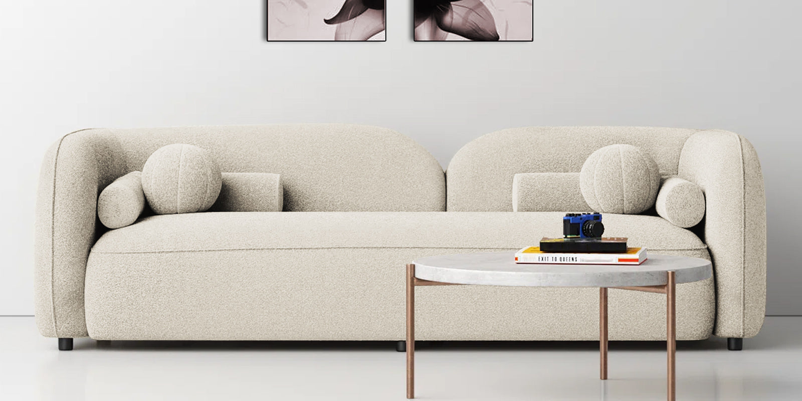 Corny Boucle Fabric 3 Seater Sofa In Shell White Colour - Febonic Living