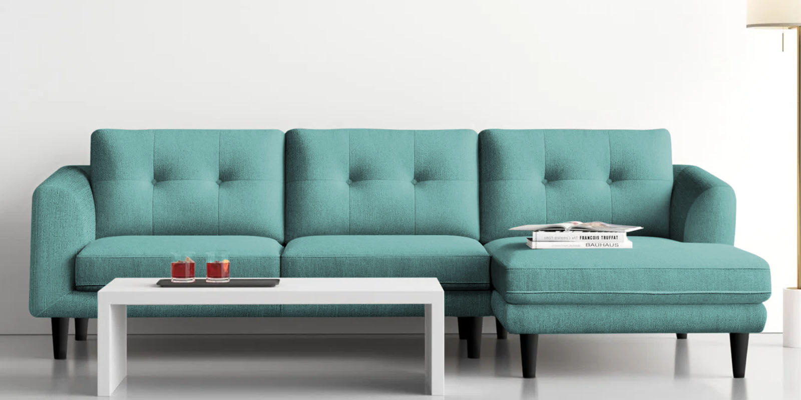 Natasha Velvet LHS Sectional Sofa (3+Lounger) In Barmunda Aqua Colour - Febonic Living