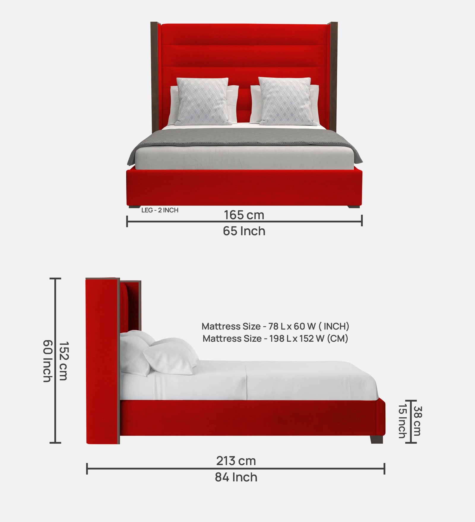 Sunny Fabric Queen Size Bed In Ruby Red Colour - Febonic Living