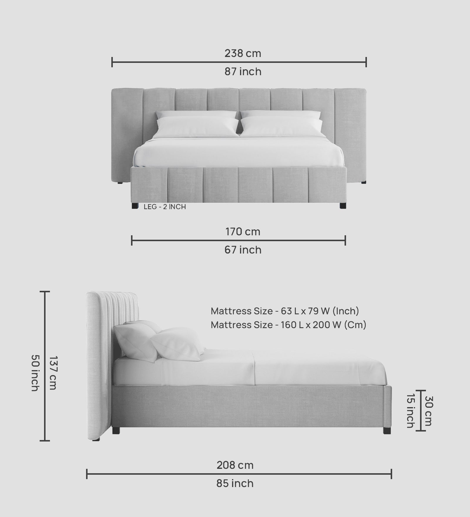 Nora Fabric Queen Size Bed In Lit Grey Colour With Box Storage