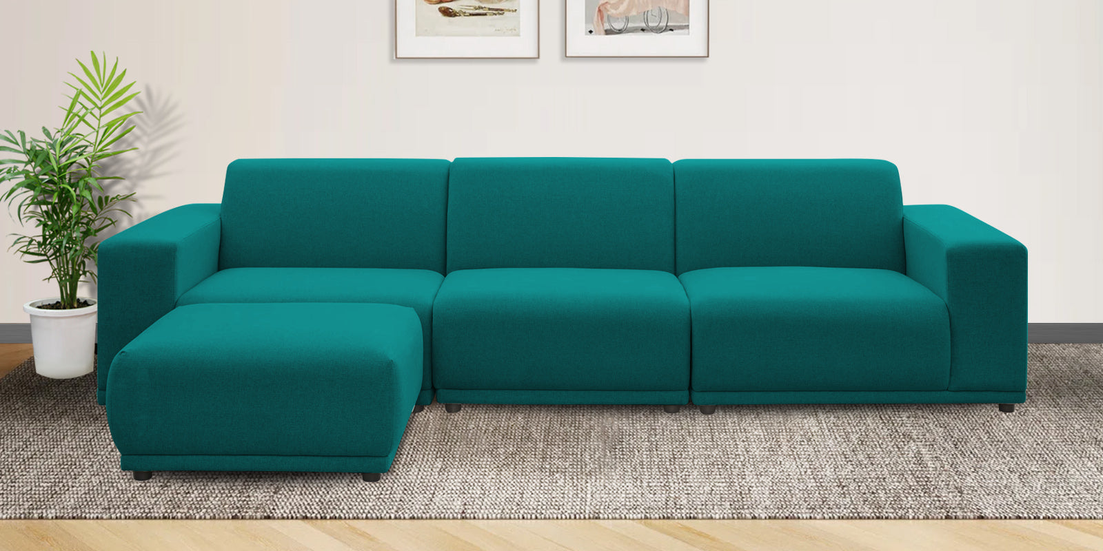 Adam Fabric LHS Sectional Sofa (3+Ottoman Lounger) In Sea green Colour - Febonic Living