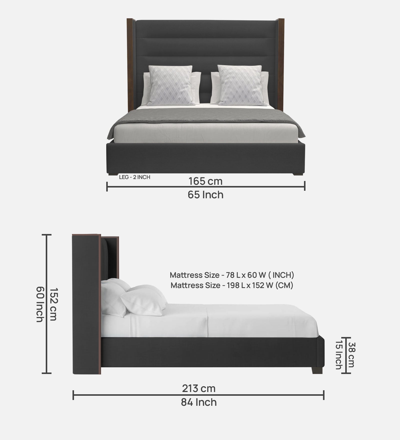 Sunny Fabric Queen Size Bed In Charcoal Grey Colour - Febonic Living