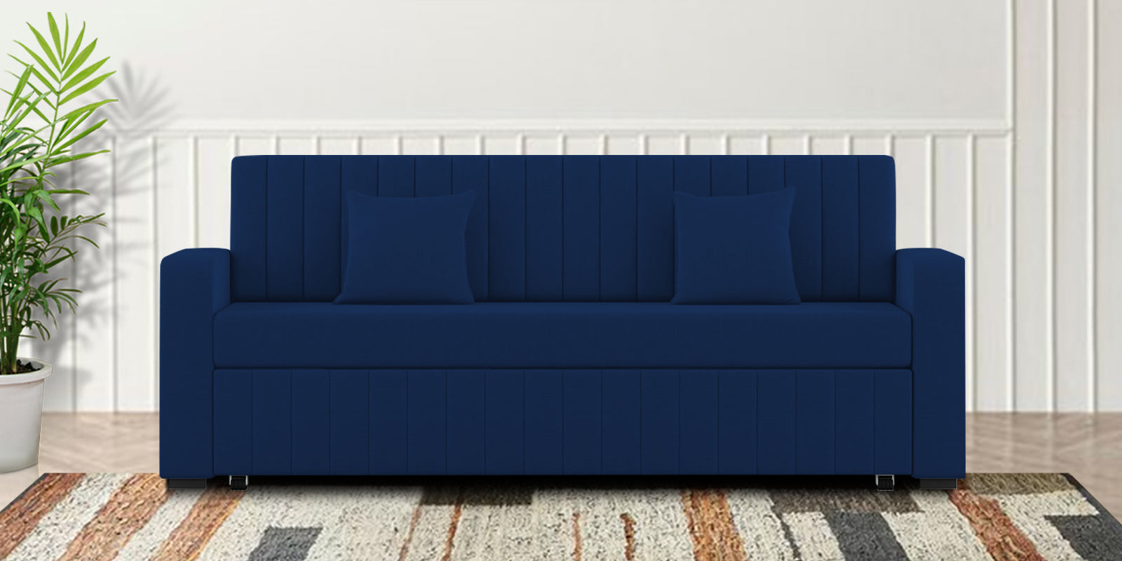 Calra Fabric 3 Seater Pull Out Sofa Cum Bed In Royal Blue Colour With Storage - Febonic Living