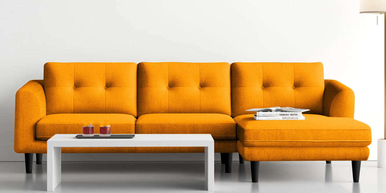 Natasha Velvet LHS Sectional Sofa (3+Lounger) In Saffron Yellow Colour - Febonic Living