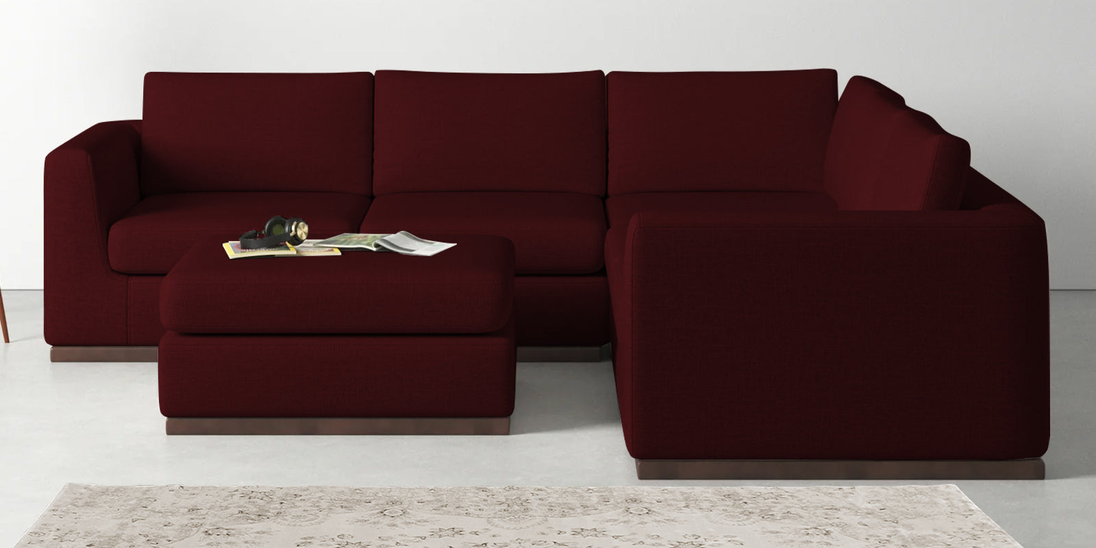 Freedom Velvet 6 Seater RHS Corner Sofa In Blood Maroon Colour With Ottoman - Febonic Living