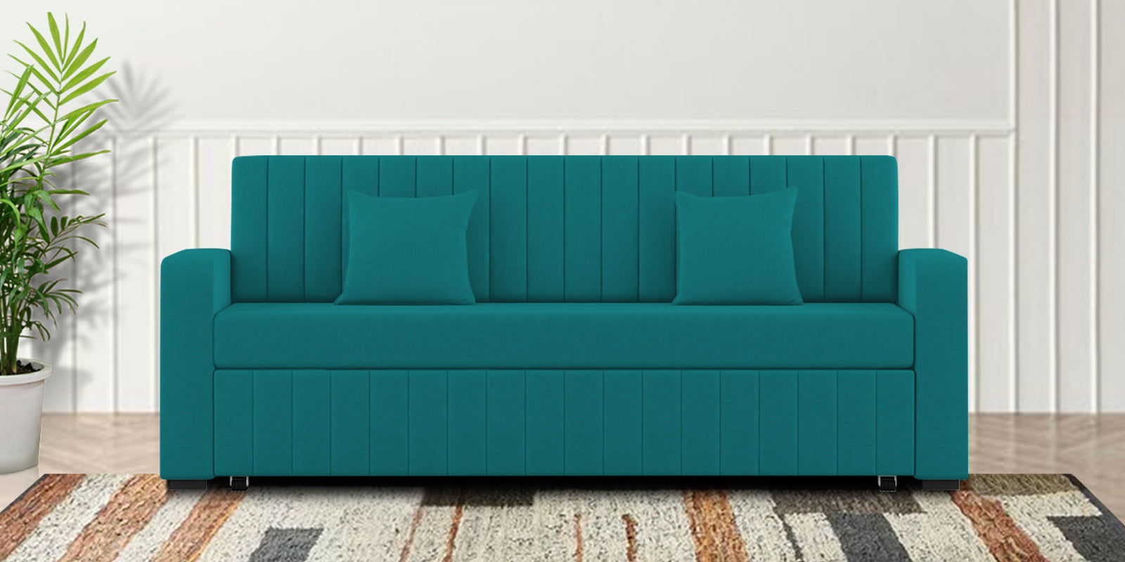 Calra Fabric 3 Seater Pull Out Sofa Cum Bed In Sea Green Colour With Storage - Febonic Living