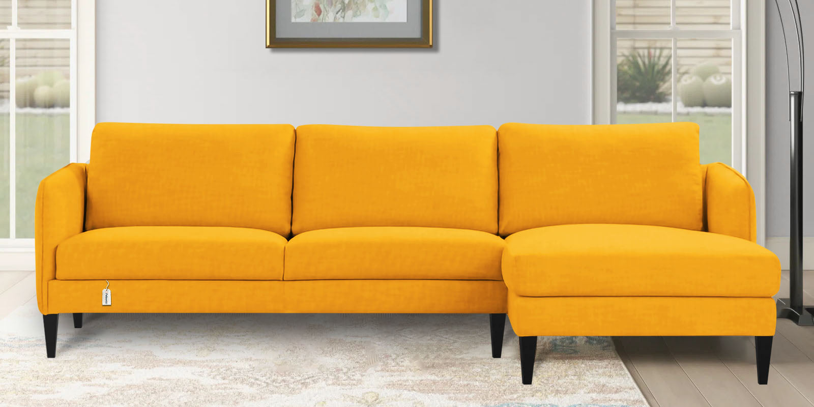 Piku Fabric LHS Sectional Sofa (3+Lounger) In Bold Yellow Colour - Febonic Living