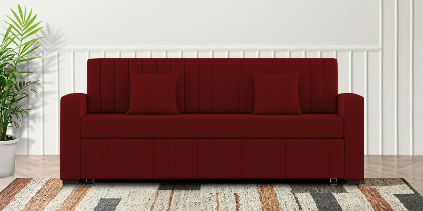 Calra Fabric 3 Seater Pull Out Sofa Cum Bed In Blood Maroon Colour With Storage - Febonic Living