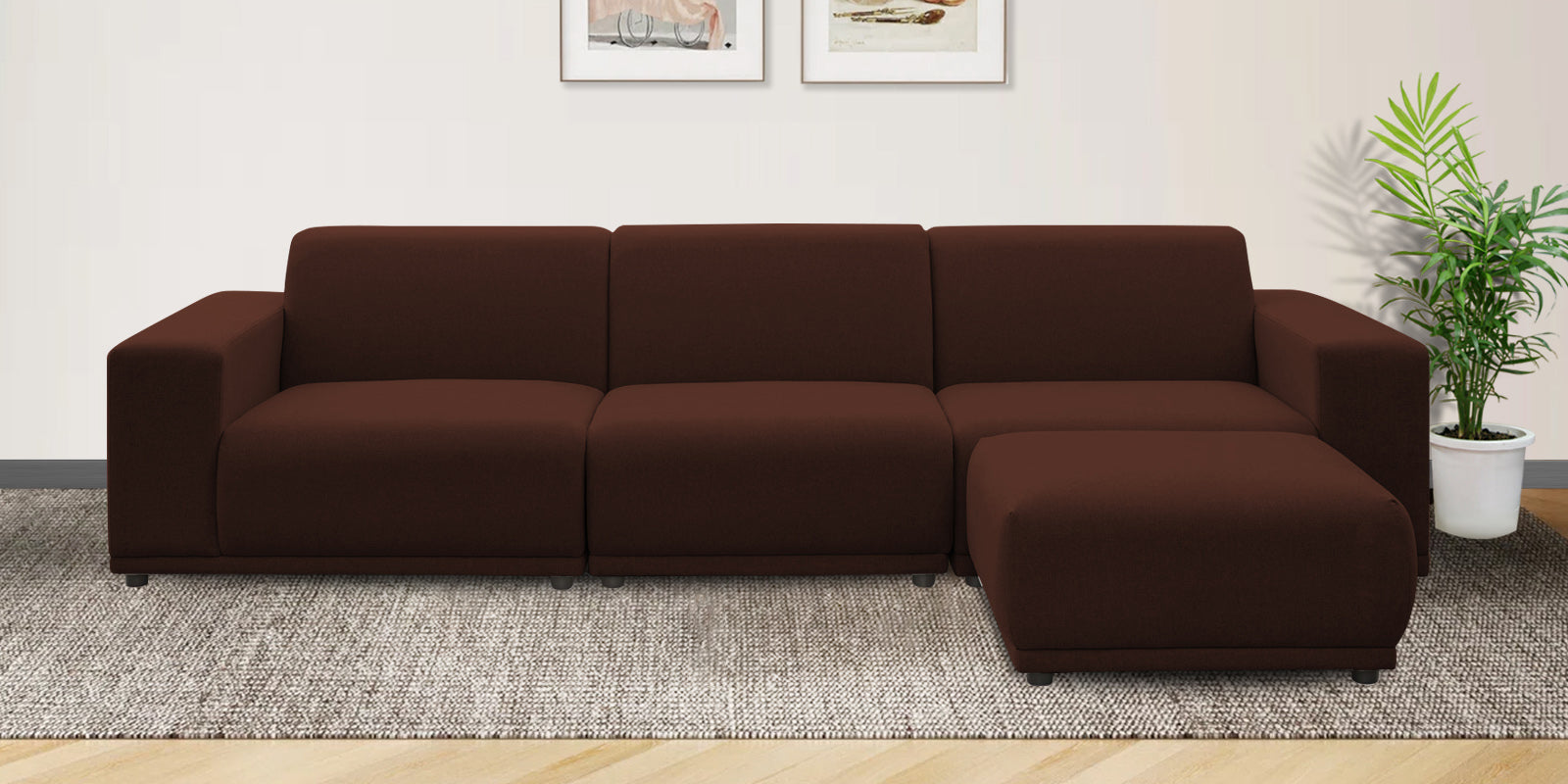 Adam Fabric RHS Sectional Sofa (3+Ottoman Lounger) In Coffee Brown Colour - Febonic Living