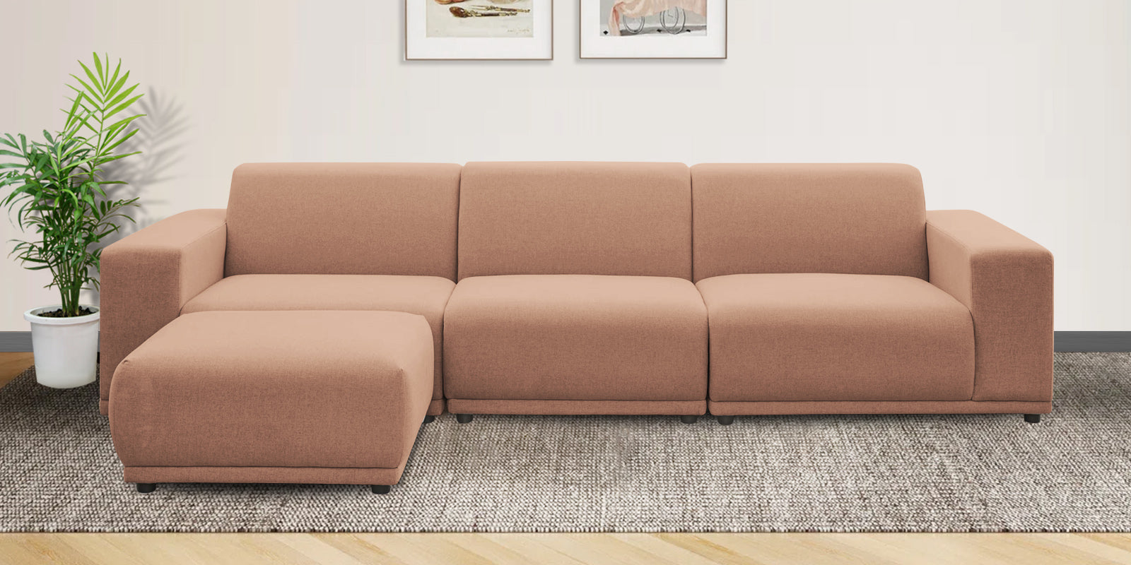 Adam Fabric LHS Sectional Sofa (3+Ottoman Lounger) In Cosmic Beige Colour - Febonic Living