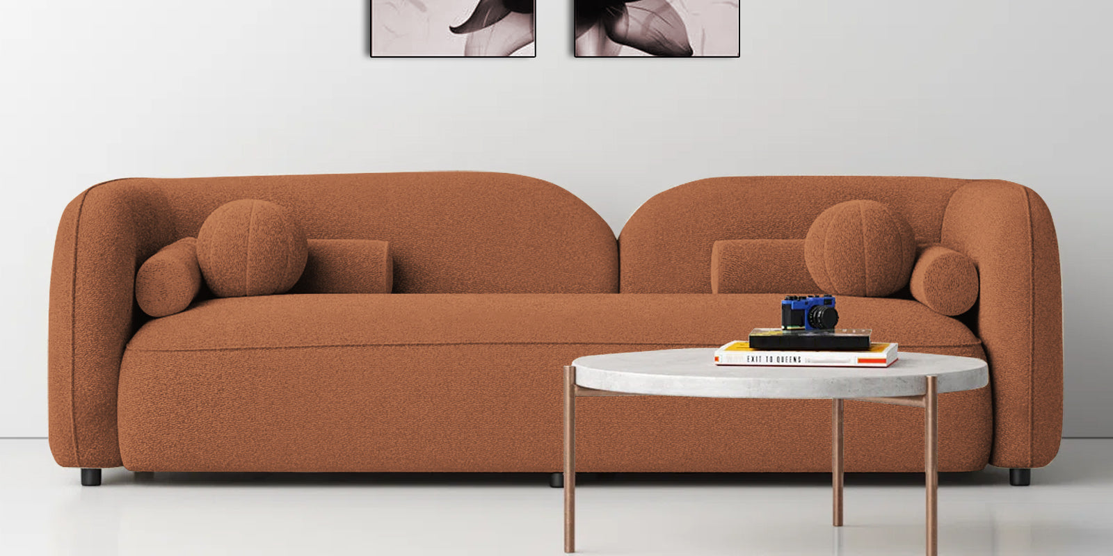 Corny Boucle Fabric 3 Seater Sofa In Light Orange Colour - Febonic Living