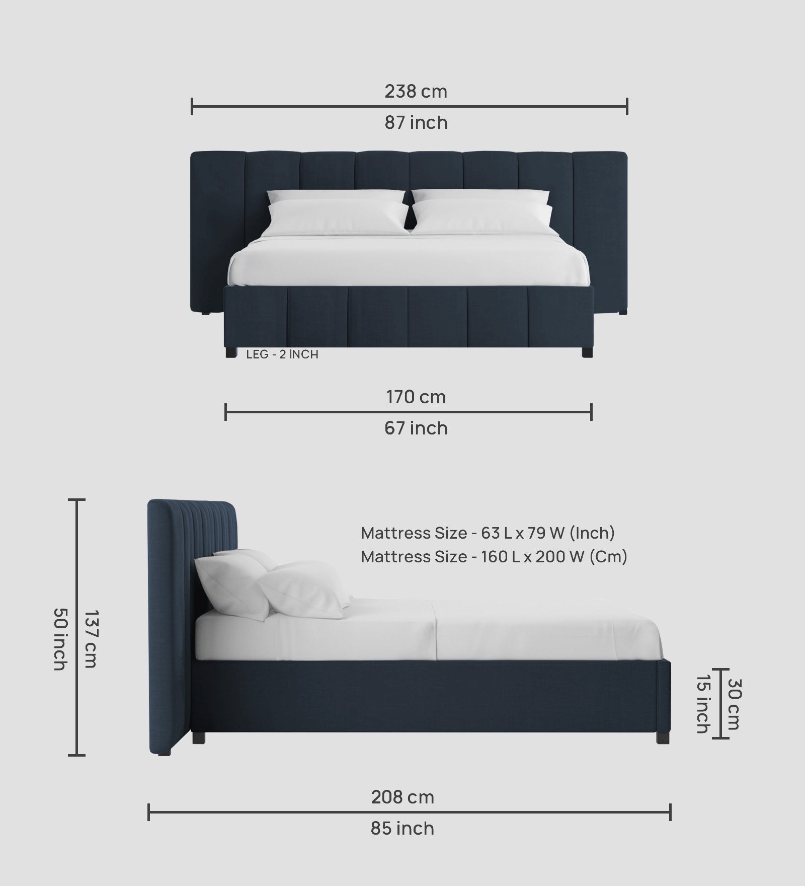 Nora Fabric Queen Size Bed In Denim Blue Colour With Box Storage