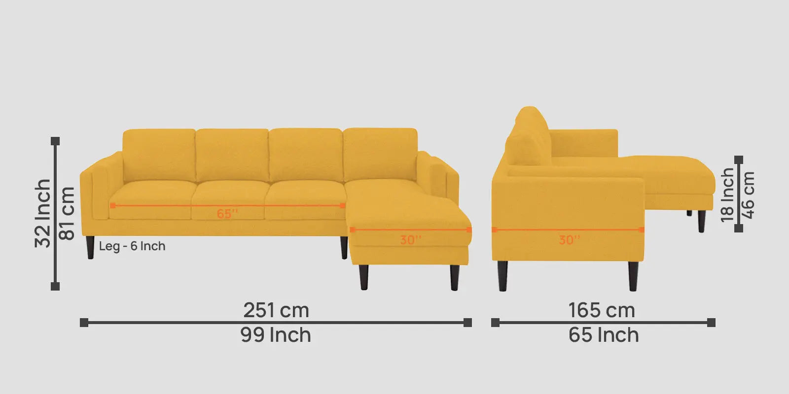 Creata Fabric LHS Sectional Sofa (3+Lounger) In Bold Yellow Colour Febonic Living