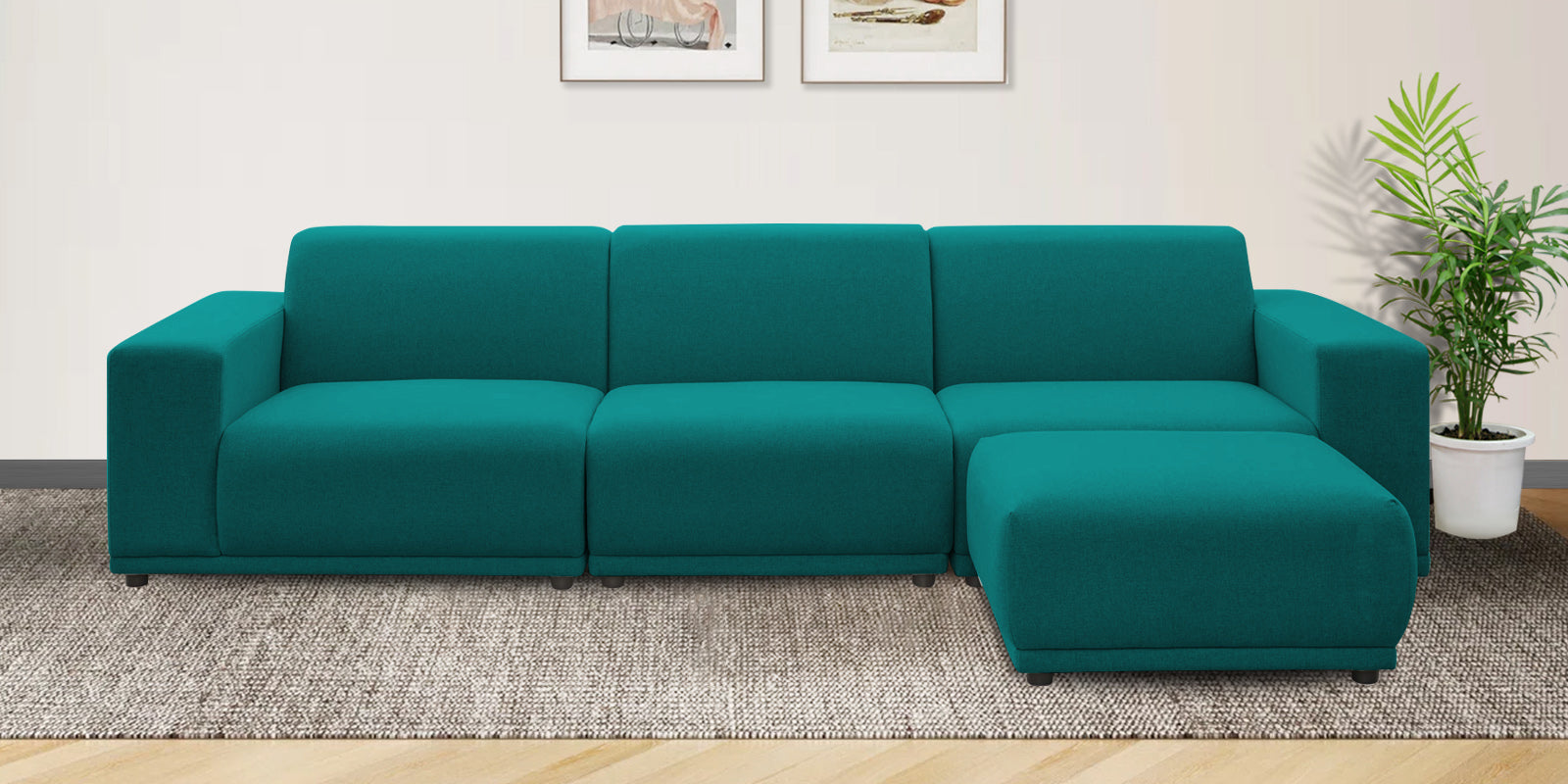 Adam Fabric RHS Sectional Sofa (3+Ottoman Lounger) In Sea green Colour - Febonic Living