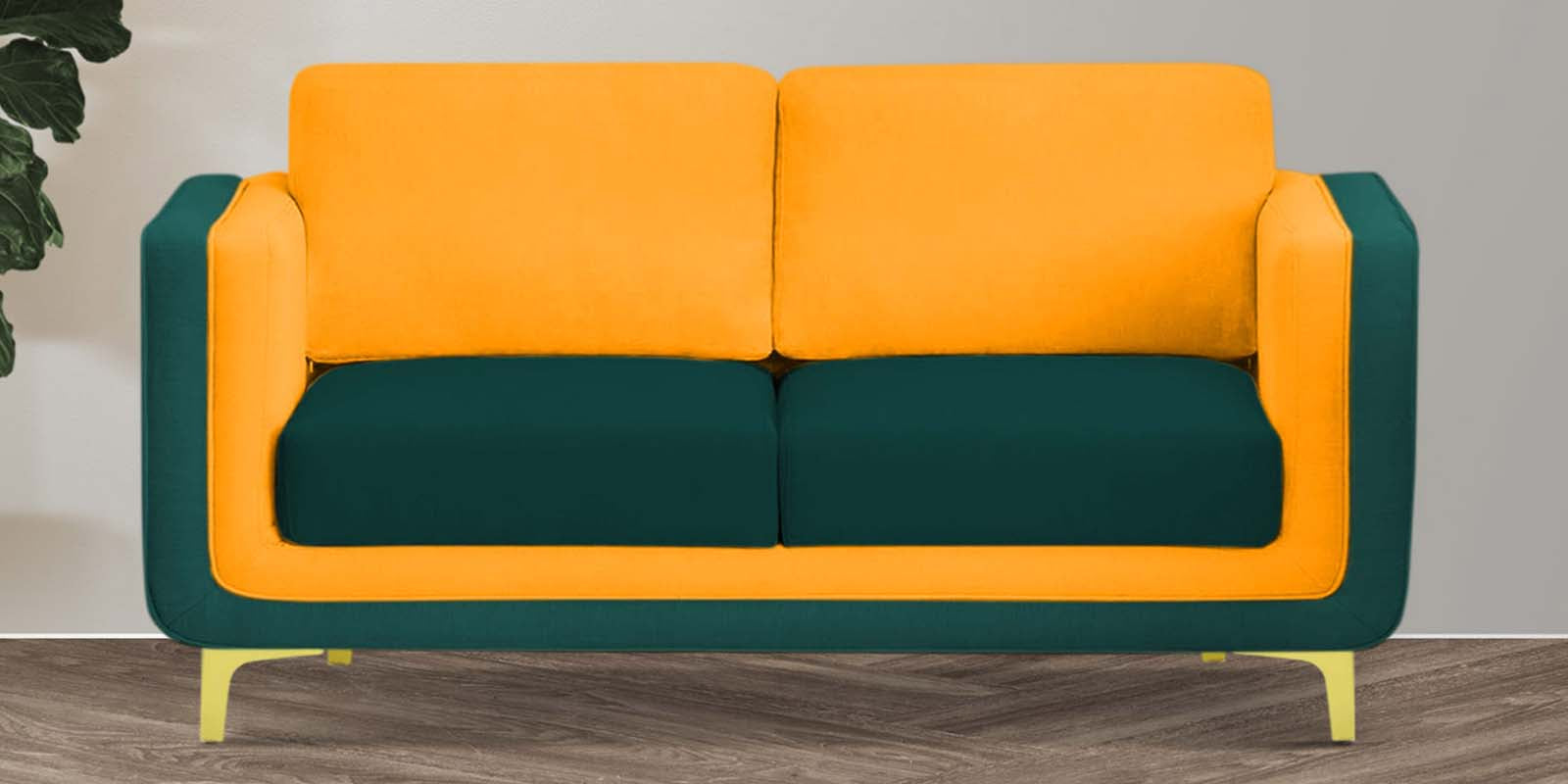 Visky Velvet 2 Seater Sofa In Saffron Yellow And Amazon Green Colour - Febonic Living