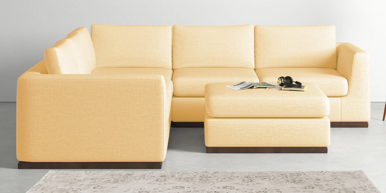 Freedom Velvet 6 Seater LHS Corner Sofa In Sandy Beige Colour With Ottoman - Febonic Living