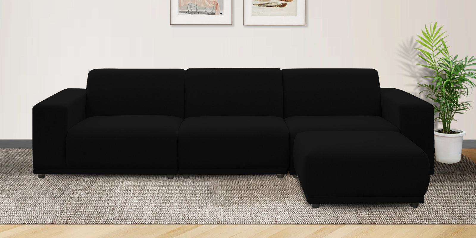 Adam Fabric RHS Sectional Sofa (3+Ottoman Lounger) In Zed Black Colour - Febonic Living