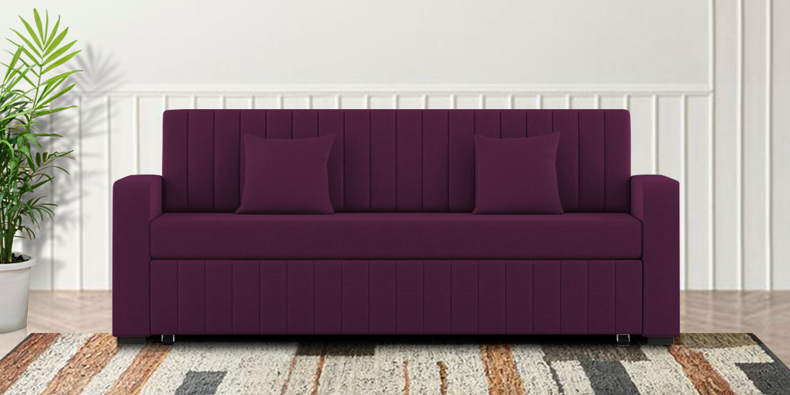 Calra Fabric 3 Seater Pull Out Sofa Cum Bed In Greek Purple Colour With Storage - Febonic Living