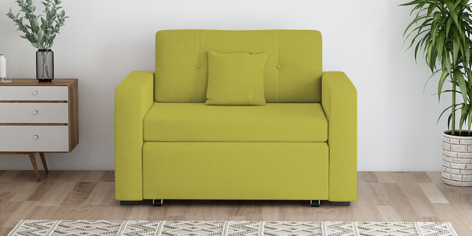 Rocky Fabric 2 Seater Pull Out Sofa Cum Bed In Parrot Green Colour With Storage - Febonic Living