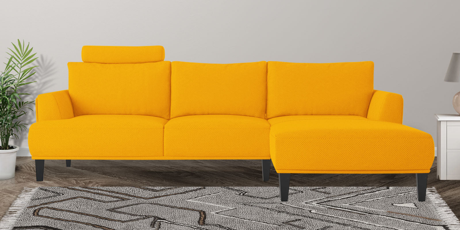 Como Fabric LHS Sectional Sofa (3+Lounger) In Bold Yellow Colour - Febonic Living