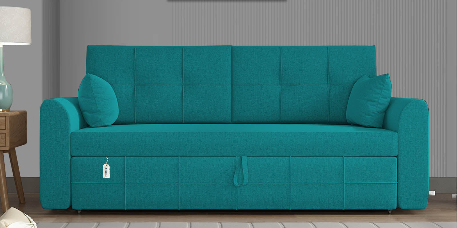Ines Velvet 3 Seater Pull Out Sofa Cum Bed In Sea Green Colour With Storage - Febonic Living