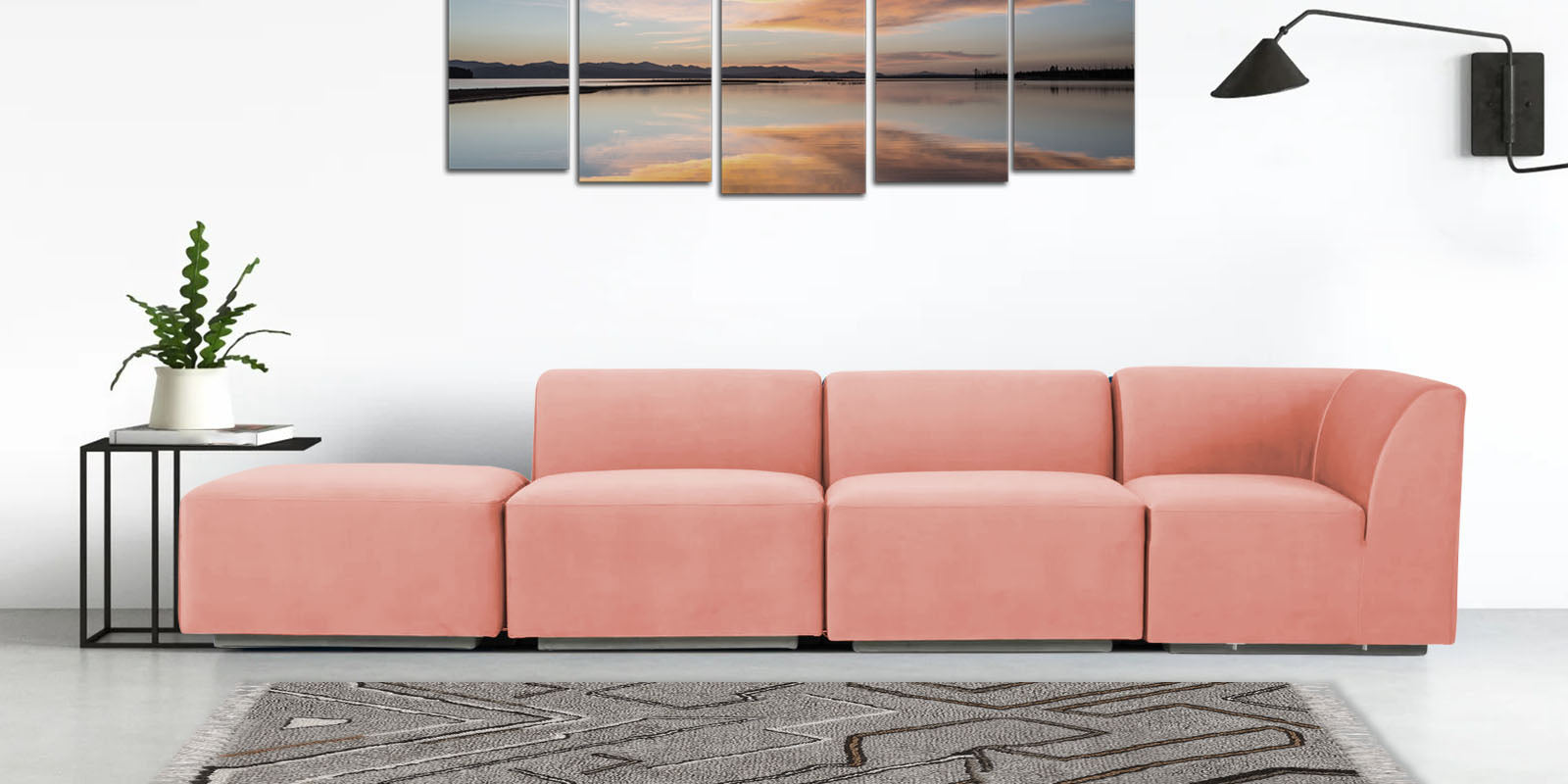 Bufa Velvet LHS Sectional Sofa In Blush Pink Colour With Ottoman - Febonic Living