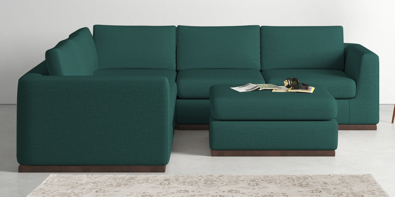 Freedom Velvet 6 Seater LHS Corner Sofa In Pine Green Colour With Ottoman - Febonic Living