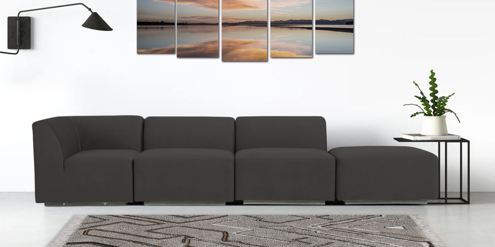 Bufa Velvet RHS Sectional Sofa In Hory Grey Colour With Ottoman - Febonic Living