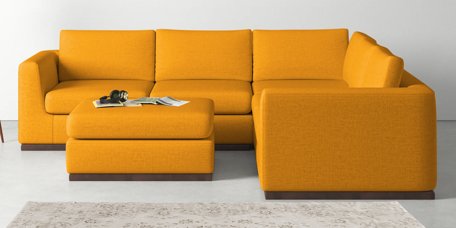 Freedom Velvet 6 Seater RHS Corner Sofa In Safforn Yellow Colour With Ottoman - Febonic Living