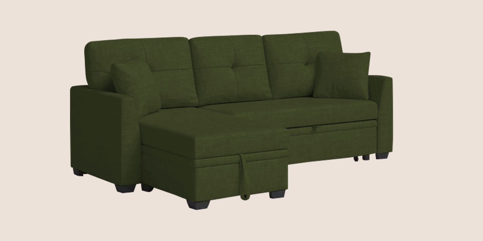 Jody Fabric 3 Seater Pull Out Sofa Cum Bed In Olive Green Colour With Storage - Febonic Living