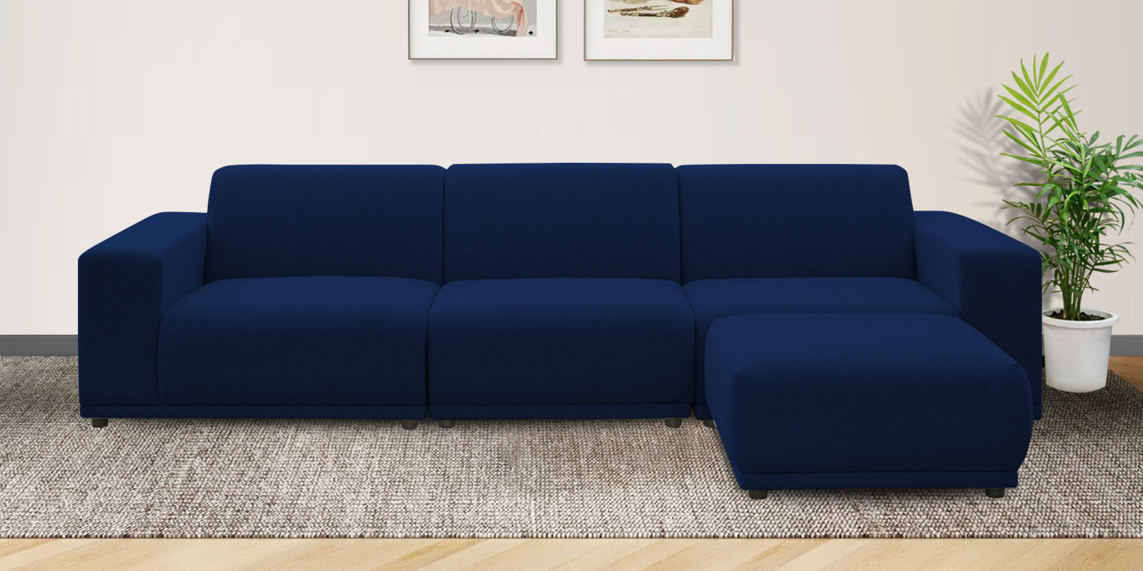 Adam Fabric RHS Sectional Sofa (3+Ottoman Lounger) In Royal Blue Colour - Febonic Living
