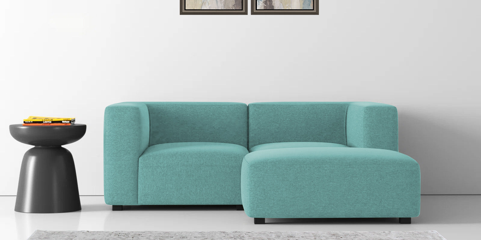Dora Velvet LHS Sectional Sofa (2+Ottoman Lounger) In Barmunda Aqua Colour - Febonic Living
