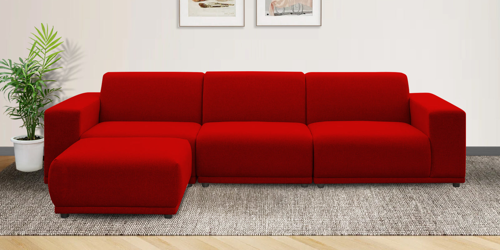 Adam Fabric LHS Sectional Sofa (3+Ottoman Lounger) In Ruby Red Colour - Febonic Living