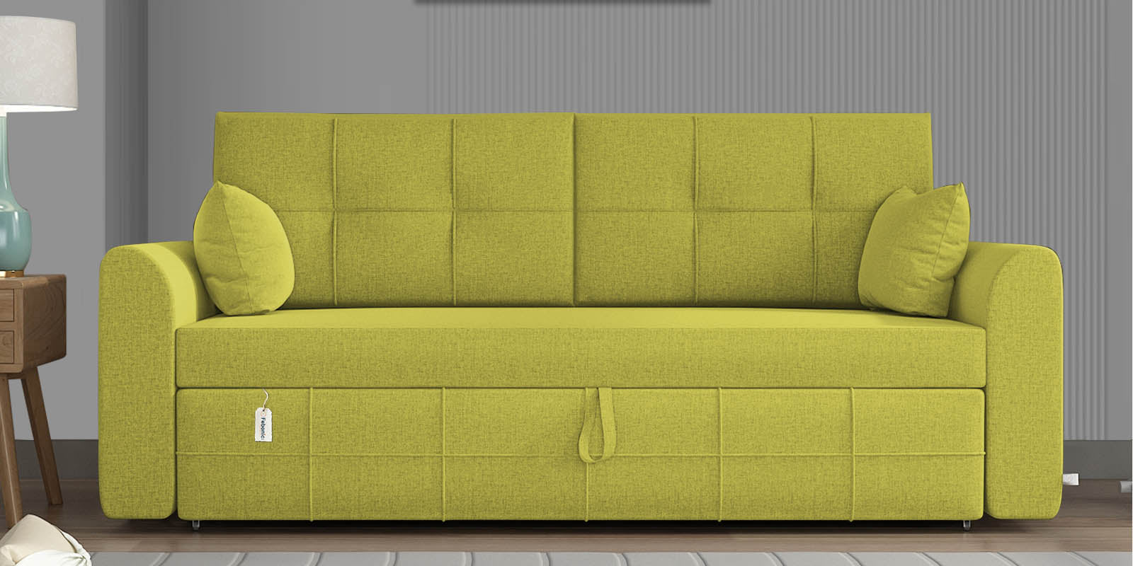 Ines Velvet 3 Seater Pull Out Sofa Cum Bed In Parrot Green Colour With Storage - Febonic Living