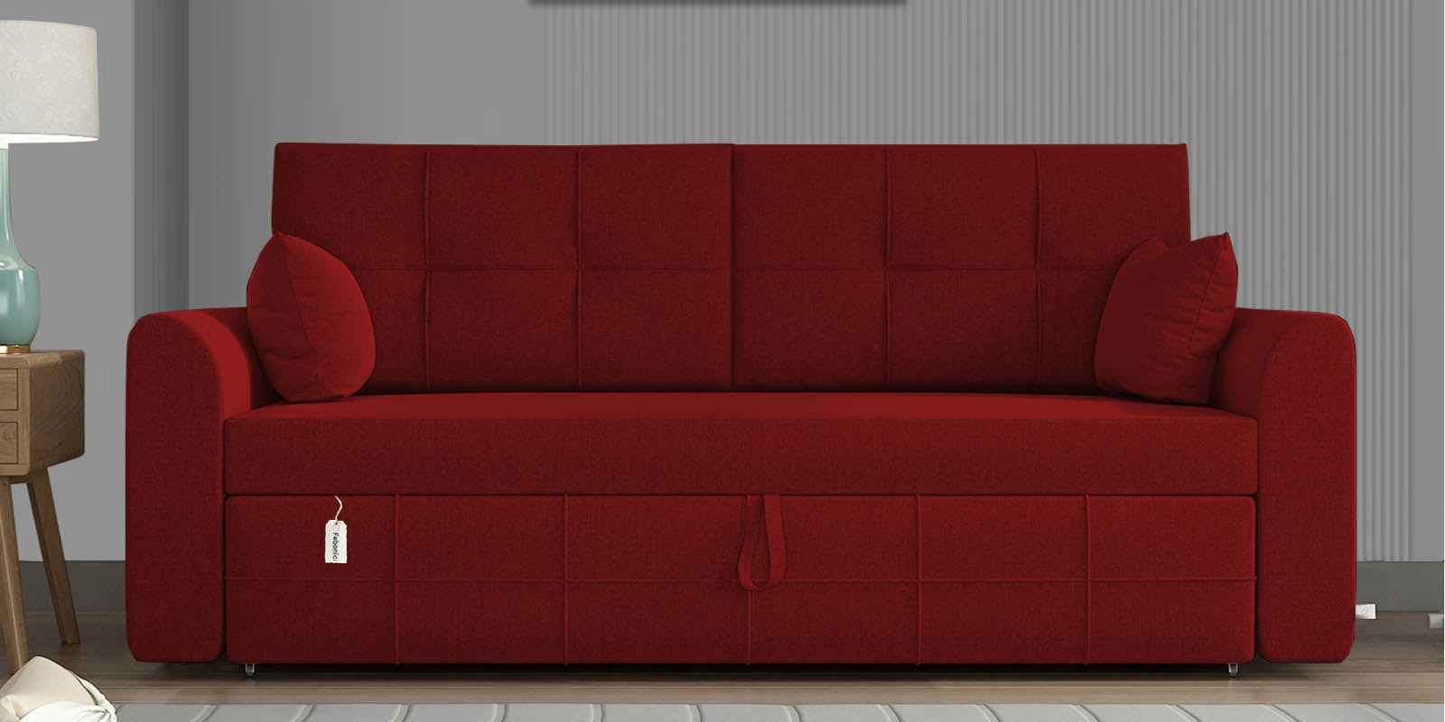 Ines Fabric 3 Seater Pull Out Sofa Cum Bed In Blood Maroon Colour With Storage - Febonic Living